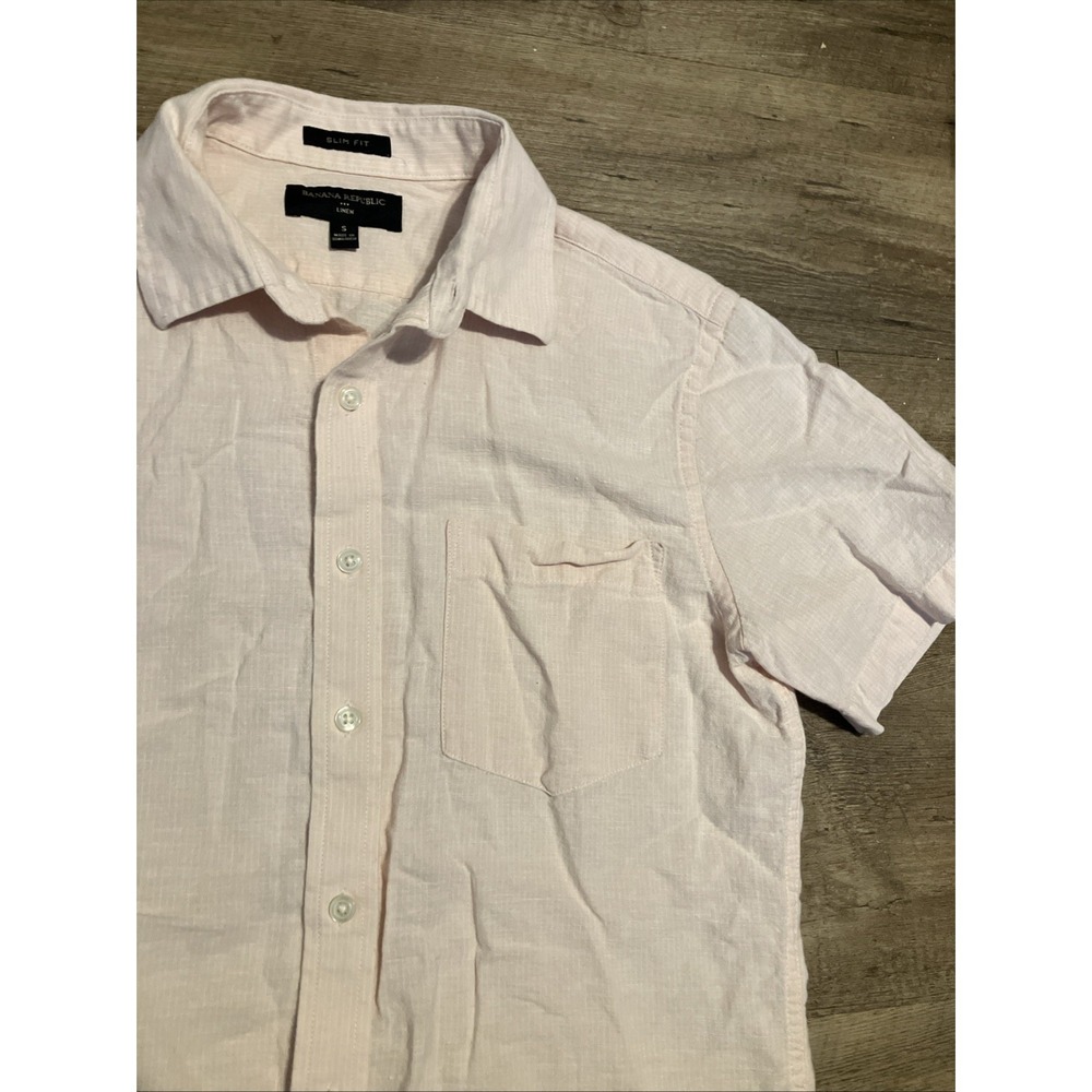 Banana Republic Textured Loop Collar Shirt Mens S Peach White‎ Stripe 100% Linen